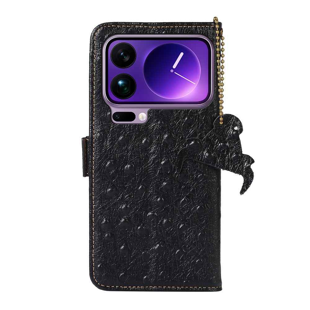 For Xiaomi 17 Pro Case RFID Blocking Genuine Cow Leather Phone Case Ostrich Texture - Black