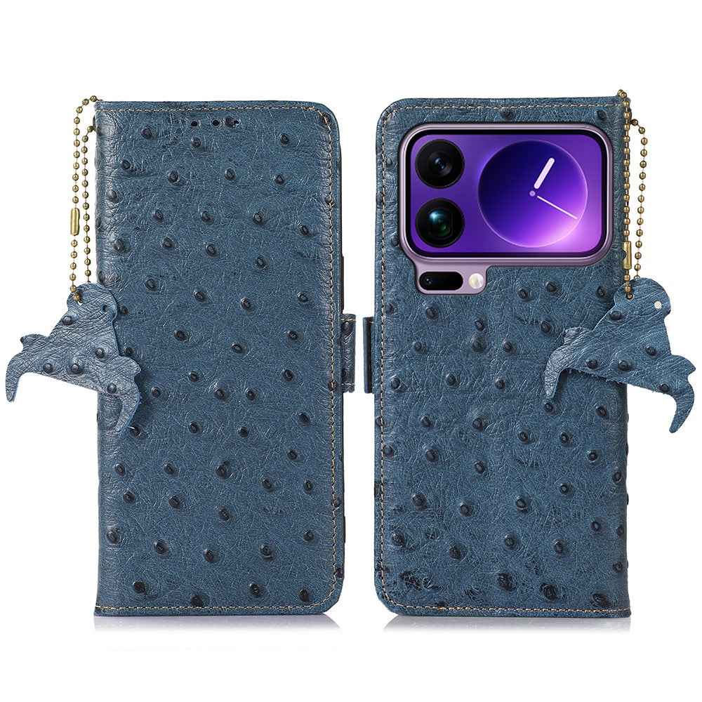 For Xiaomi 17 Pro Case RFID Blocking Genuine Cow Leather Phone Case Ostrich Texture - Blue