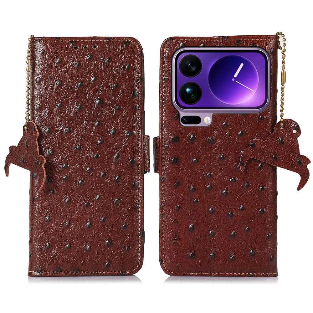 For Xiaomi 17 Pro Case RFID Blocking Genuine Cow Leather Phone Case Ostrich Texture - Coffee