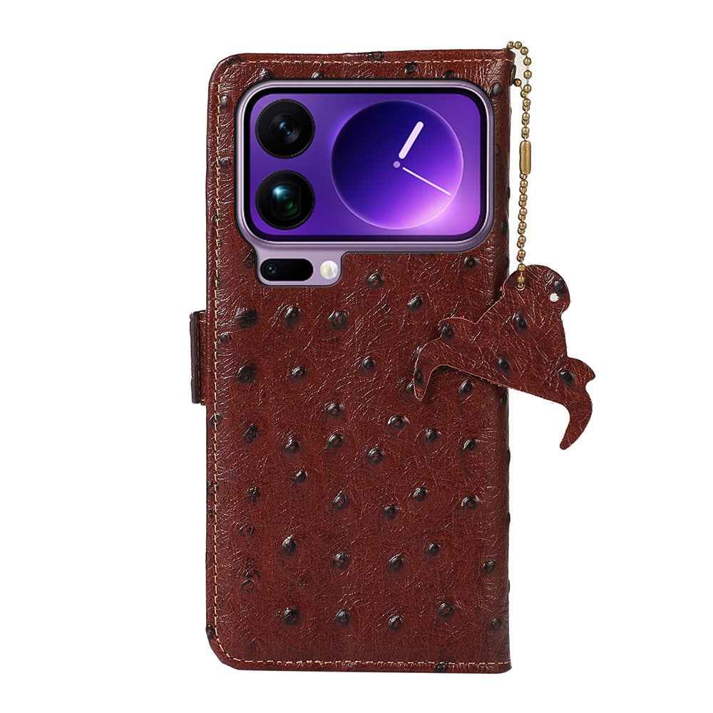For Xiaomi 17 Pro Case RFID Blocking Genuine Cow Leather Phone Case Ostrich Texture - Coffee