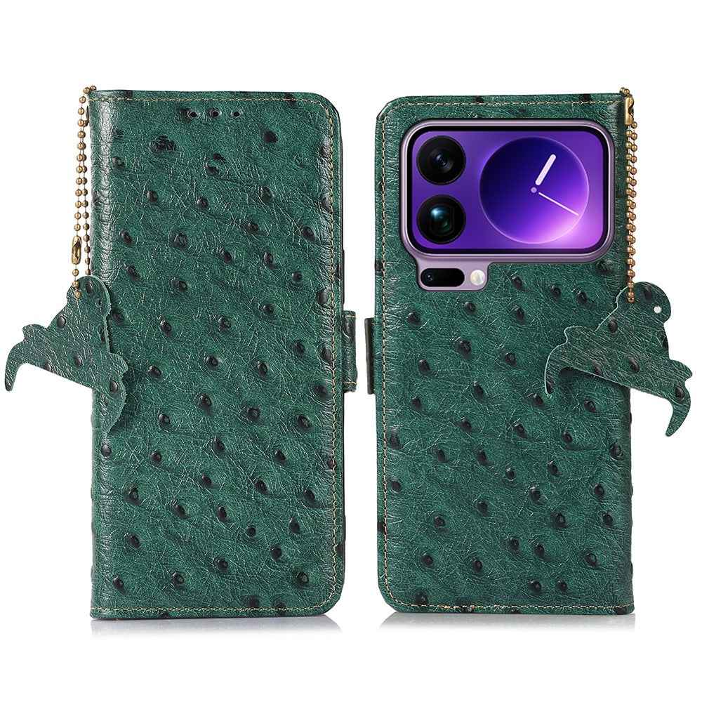 For Xiaomi 17 Pro Case RFID Blocking Genuine Cow Leather Phone Case Ostrich Texture - Green