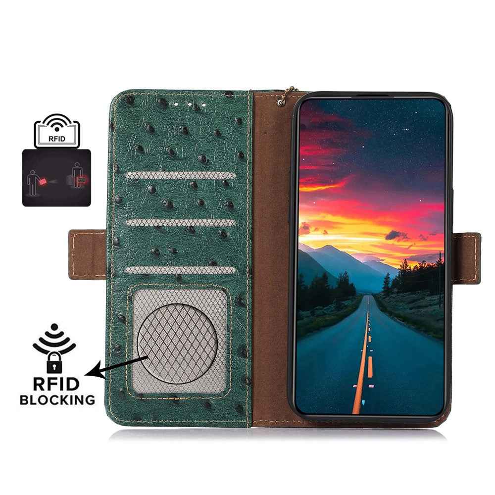 For Xiaomi 17 Pro Case RFID Blocking Genuine Cow Leather Phone Case Ostrich Texture - Green