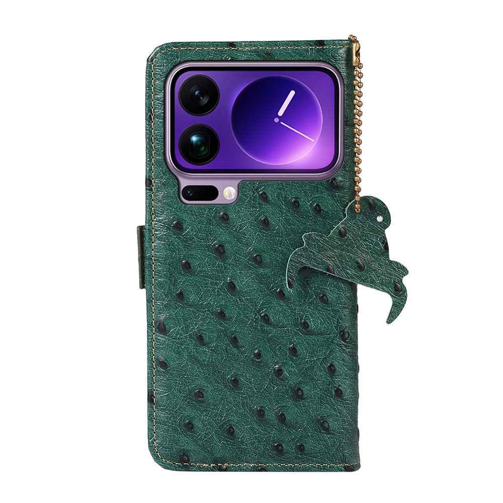 For Xiaomi 17 Pro Case RFID Blocking Genuine Cow Leather Phone Case Ostrich Texture - Green