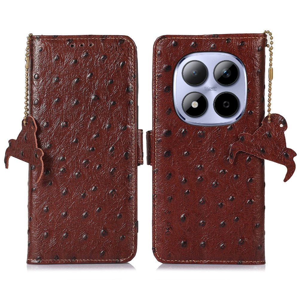 For Xiaomi Redmi Note 15 Pro 5G (Global) Case RFID Blocking Genuine Cow Leather Phone Case Ostrich Texture - Coffee