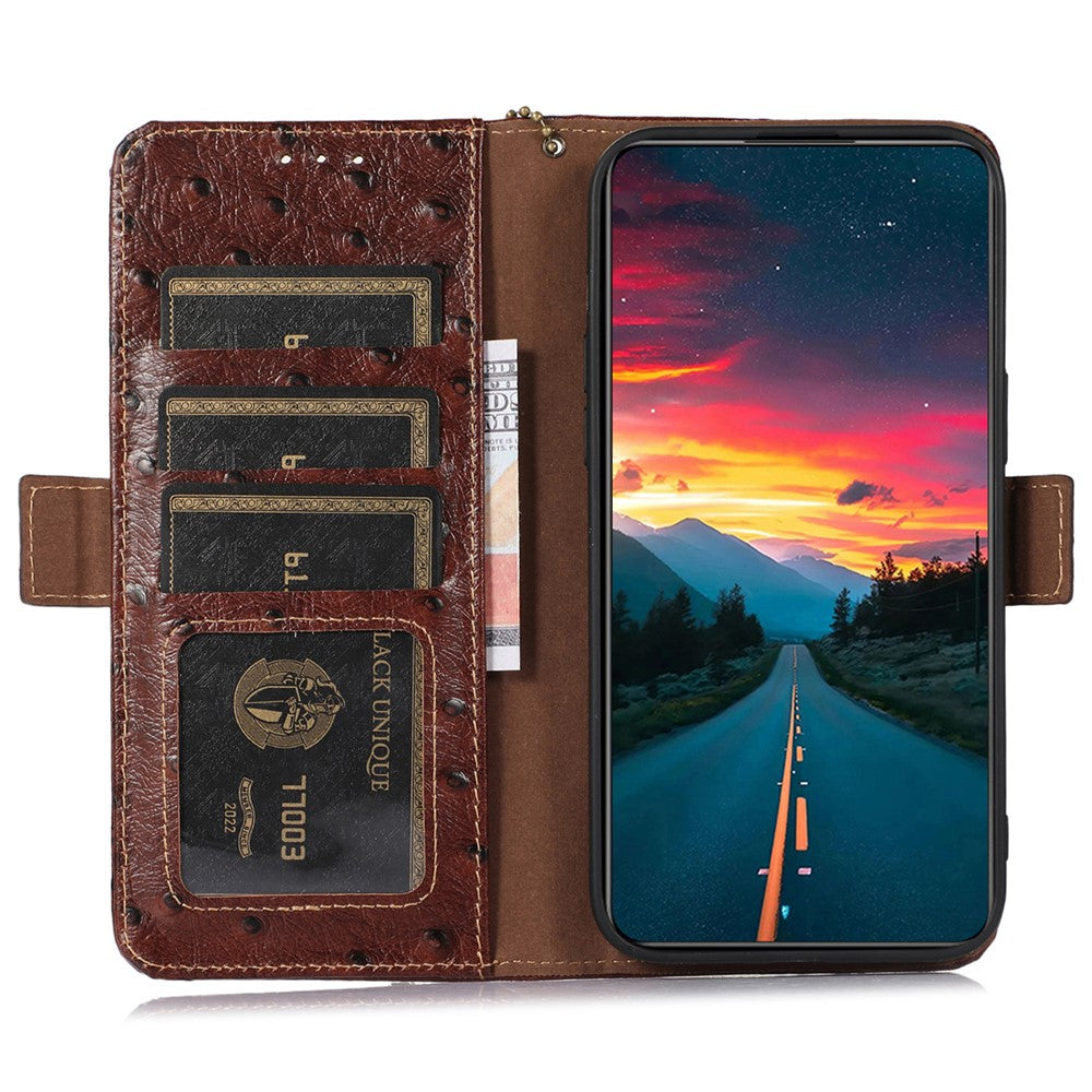 For Xiaomi Redmi Note 15 Pro 5G (Global) Case RFID Blocking Genuine Cow Leather Phone Case Ostrich Texture - Coffee
