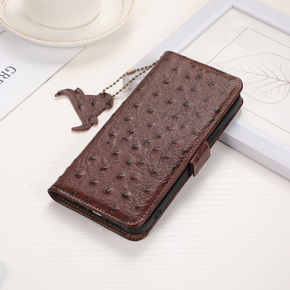For Xiaomi Redmi Note 15 Pro 5G (Global) Case RFID Blocking Genuine Cow Leather Phone Case Ostrich Texture - Coffee