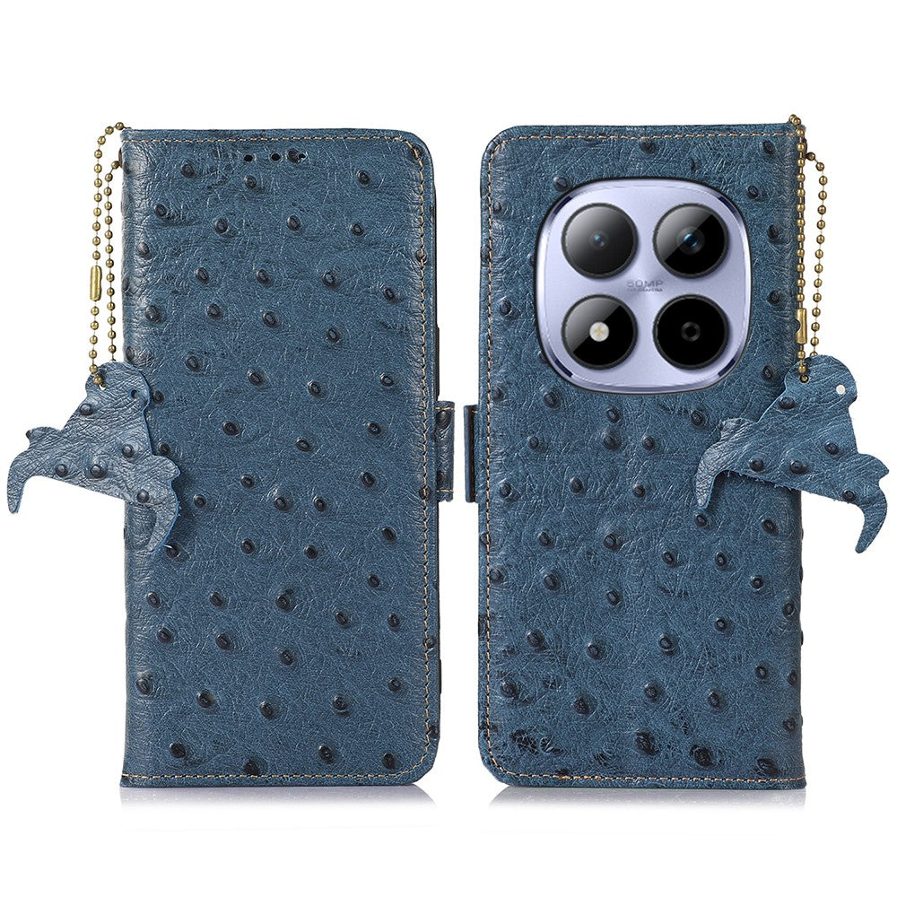 For Xiaomi Redmi Note 15 Pro 5G (Global) Case RFID Blocking Genuine Cow Leather Phone Case Ostrich Texture - Blue