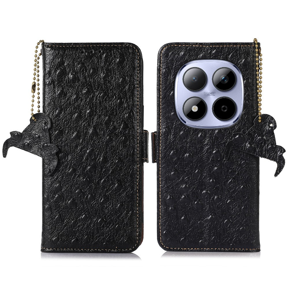 For Xiaomi Redmi Note 15 Pro 5G (Global) Case RFID Blocking Genuine Cow Leather Phone Case Ostrich Texture - Black