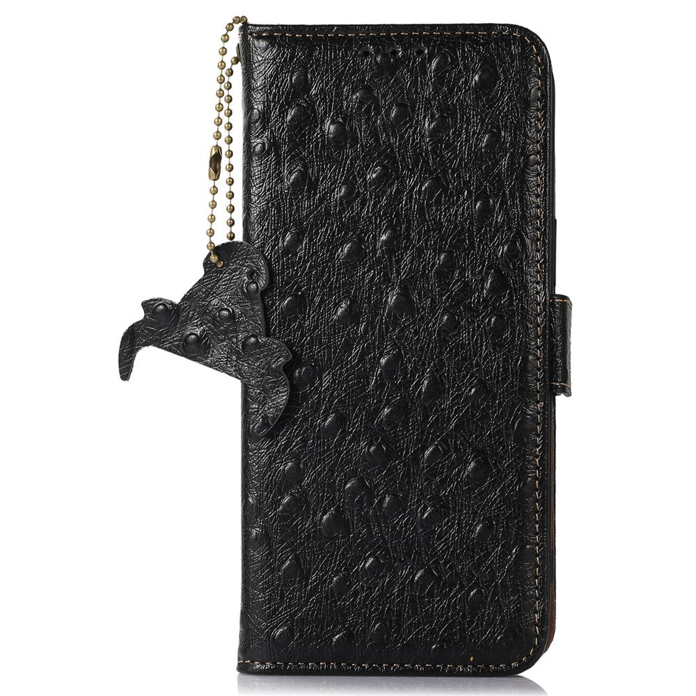 For Xiaomi Redmi Note 15 Pro 5G (Global) Case RFID Blocking Genuine Cow Leather Phone Case Ostrich Texture - Black