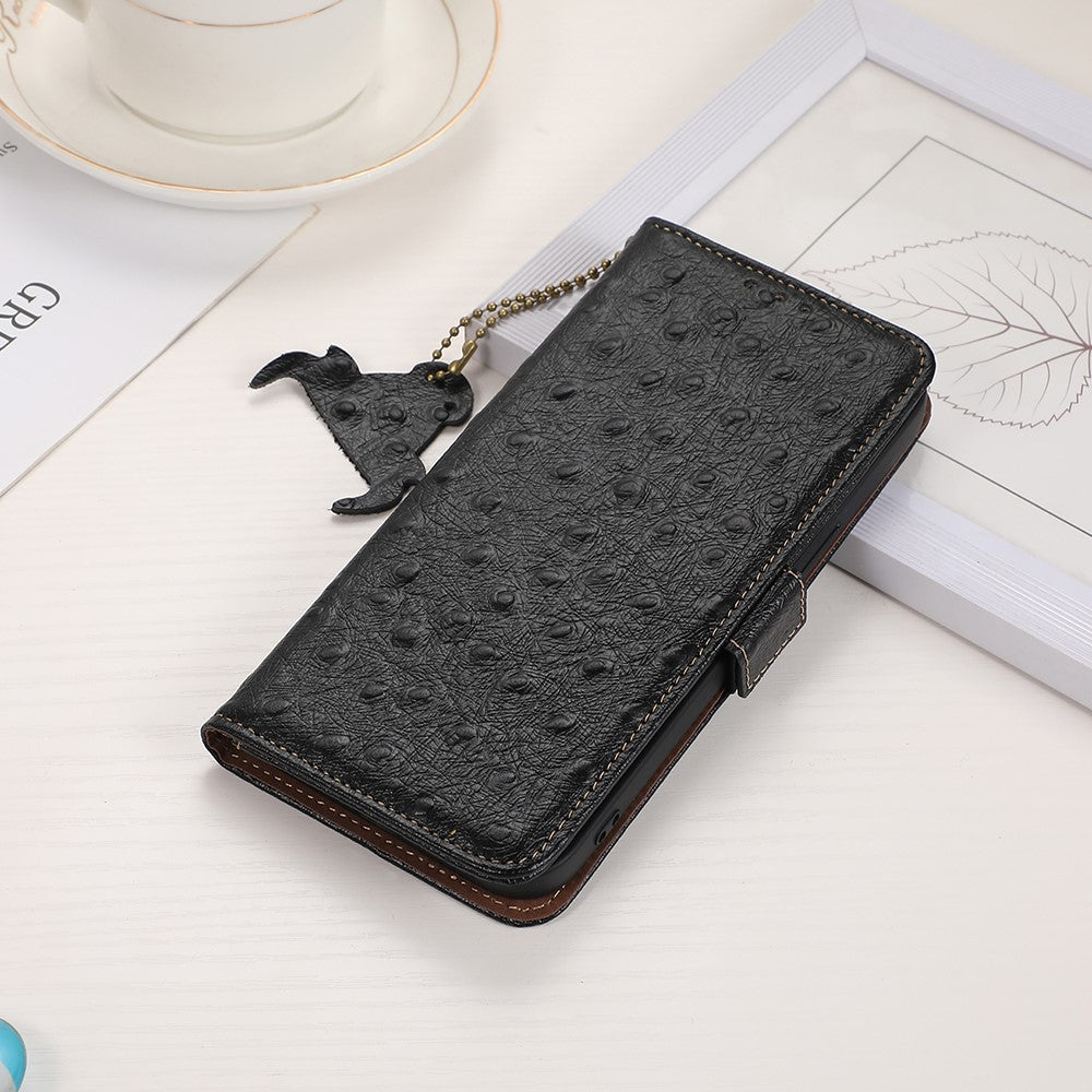 For Xiaomi Redmi Note 15 Pro 5G (Global) Case RFID Blocking Genuine Cow Leather Phone Case Ostrich Texture - Black