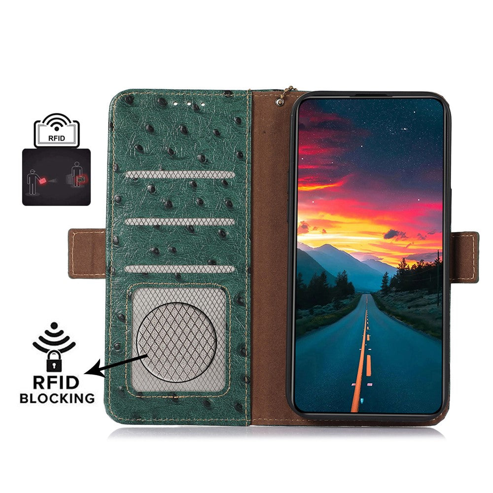 For Xiaomi Redmi Note 15 Pro 5G (Global) Case RFID Blocking Genuine Cow Leather Phone Case Ostrich Texture - Green