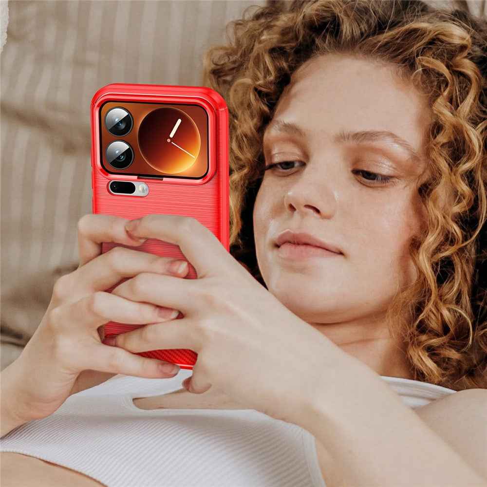 For Xiaomi 17 Pro Case Protective Phone Cover Carbon Fiber Texture Brushed - Red