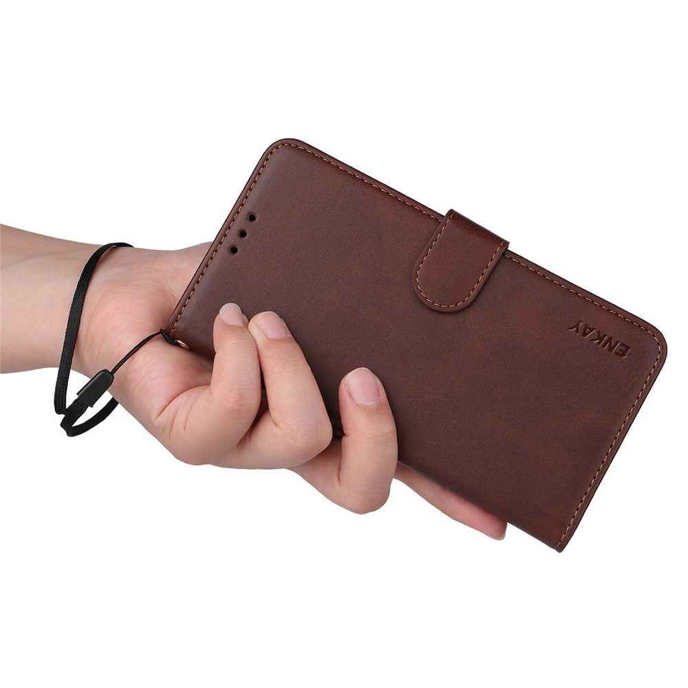 ENKAY HAT PRINCE For Xiaomi 17 Pro Wallet Case Calf Texture Leather Phone Stand Cover with Strap / 0.18mm Screen Film (Support Ultrasonic Fingerprint Unlock) - Brown
