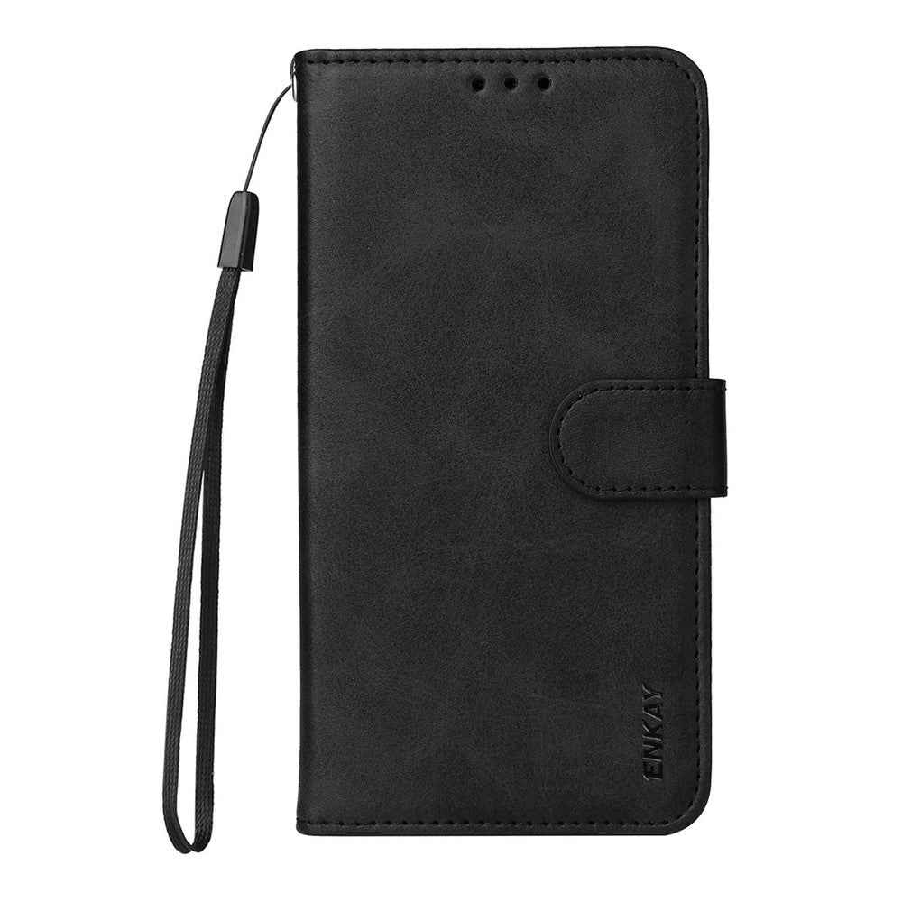 ENKAY HAT PRINCE For Xiaomi 17 Pro Wallet Case Calf Texture Leather Phone Stand Cover with Strap / 0.18mm Screen Film (Support Ultrasonic Fingerprint Unlock) - Black