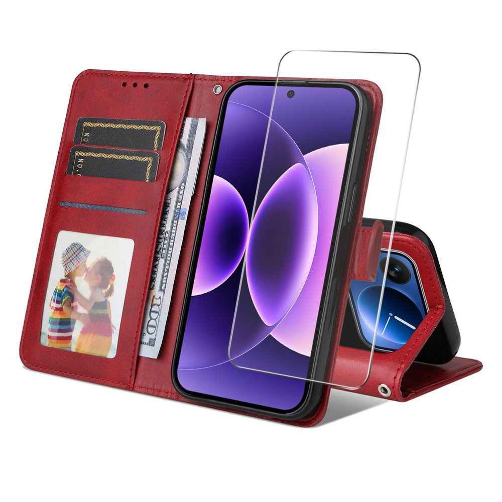 ENKAY HAT PRINCE For Xiaomi 17 Pro Wallet Case Calf Texture Leather Phone Stand Cover with Strap / 0.18mm Screen Film (Support Ultrasonic Fingerprint Unlock) - Red
