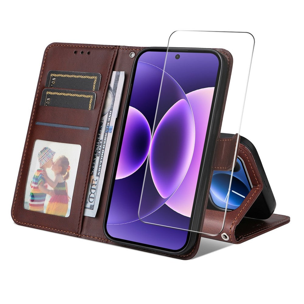 ENKAY HAT PRINCE For Xiaomi 17 Pro Max Wallet Case Calf Texture Leather Phone Stand Cover with Strap and 0.18mm Screen Film (Support Ultrasonic Fingerprint Unlock) - Brown
