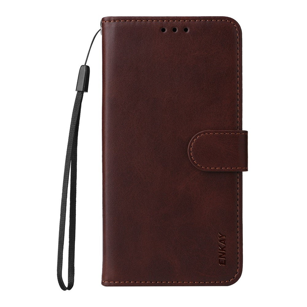 ENKAY HAT PRINCE For Xiaomi 17 Pro Max Wallet Case Calf Texture Leather Phone Stand Cover with Strap and 0.18mm Screen Film (Support Ultrasonic Fingerprint Unlock) - Brown