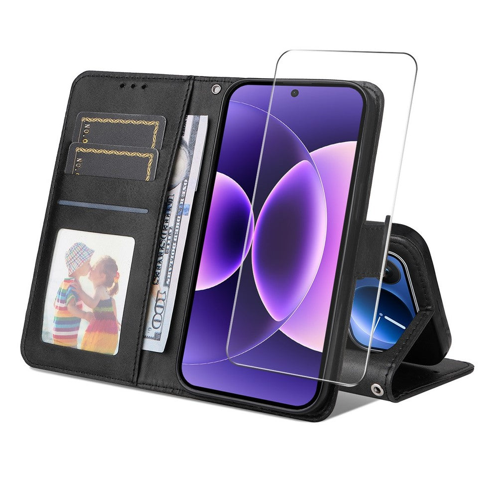 ENKAY HAT PRINCE For Xiaomi 17 Pro Max Wallet Case Calf Texture Leather Phone Stand Cover with Strap and 0.18mm Screen Film (Support Ultrasonic Fingerprint Unlock) - Black