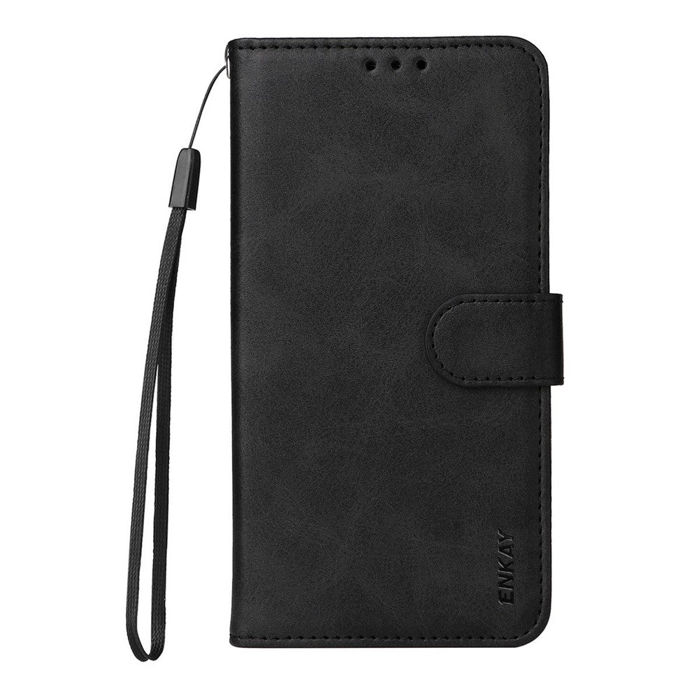ENKAY HAT PRINCE For Xiaomi 17 Pro Max Wallet Case Calf Texture Leather Phone Stand Cover with Strap and 0.18mm Screen Film (Support Ultrasonic Fingerprint Unlock) - Black
