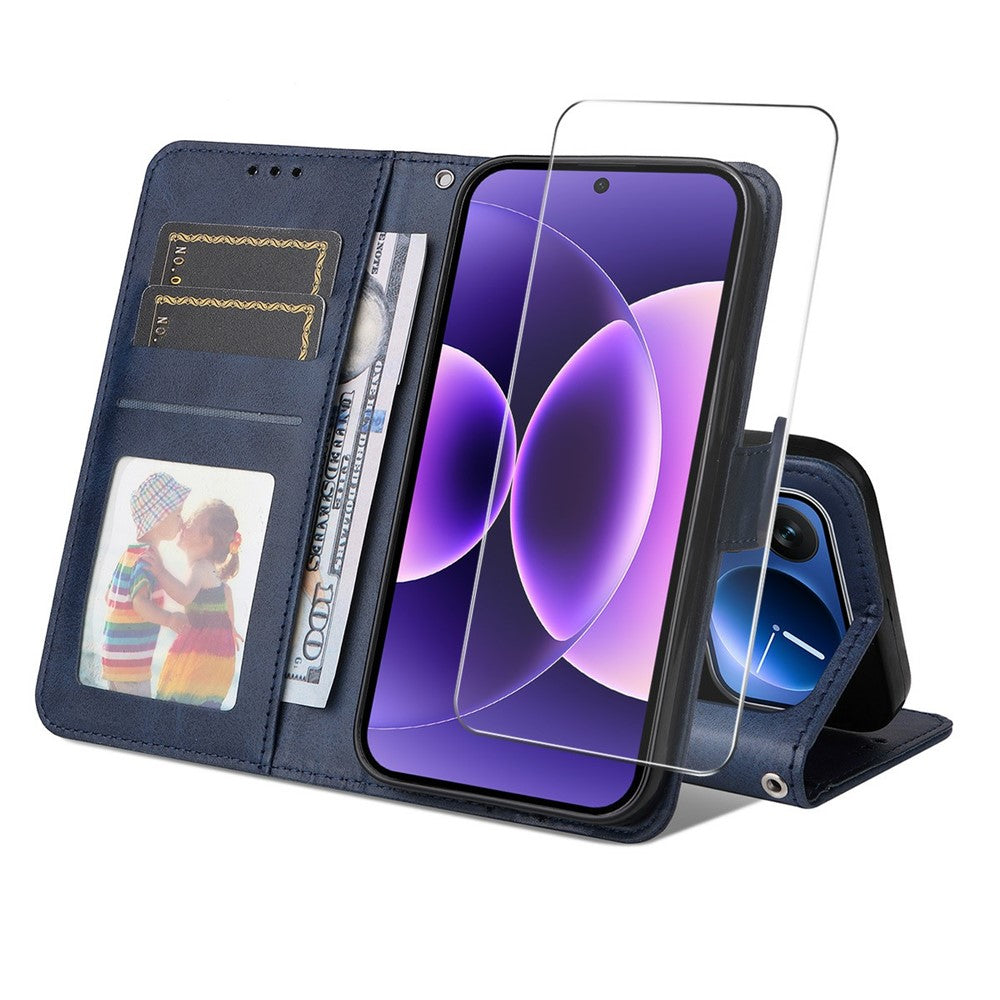 ENKAY HAT PRINCE For Xiaomi 17 Pro Max Wallet Case Calf Texture Leather Phone Stand Cover with Strap and 0.18mm Screen Film (Support Ultrasonic Fingerprint Unlock) - Blue