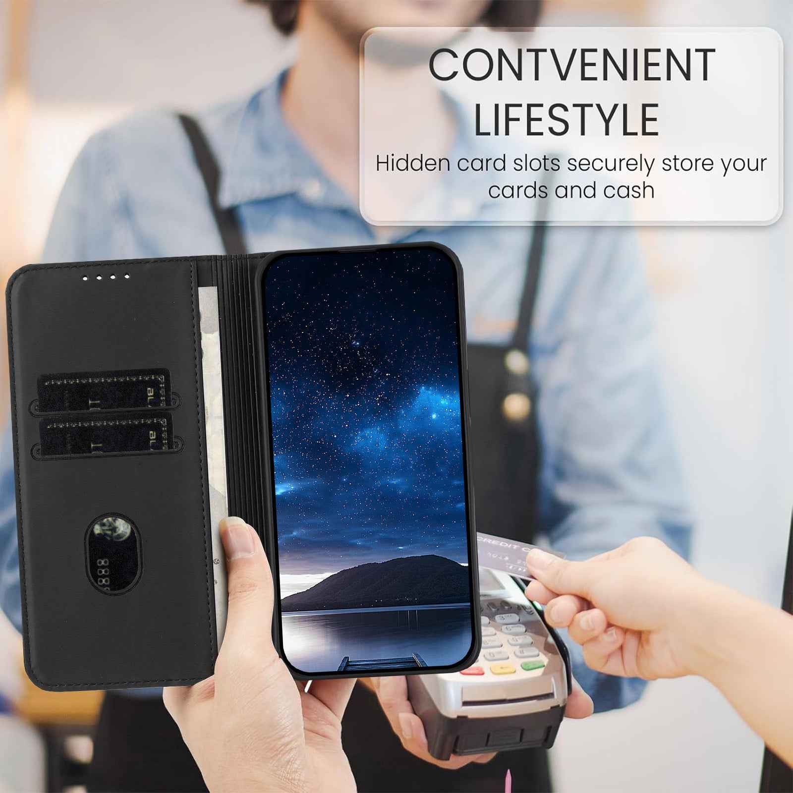 For Xiaomi 17 Pro Wallet Case Magnetic Closure Leather Flip Phone Cover with Stand - Black