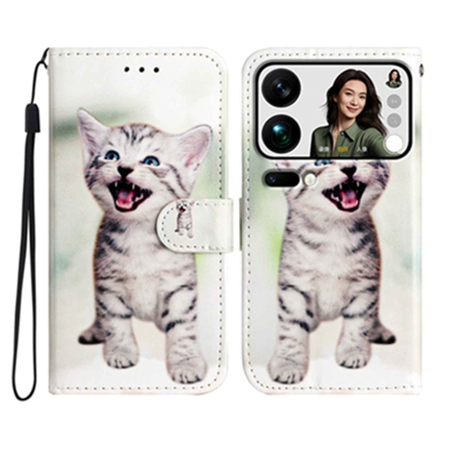 For Xiaomi 17 Pro Wallet Case  Printed Pattern PU Leather Stand Phone Cover with Strap - Cat