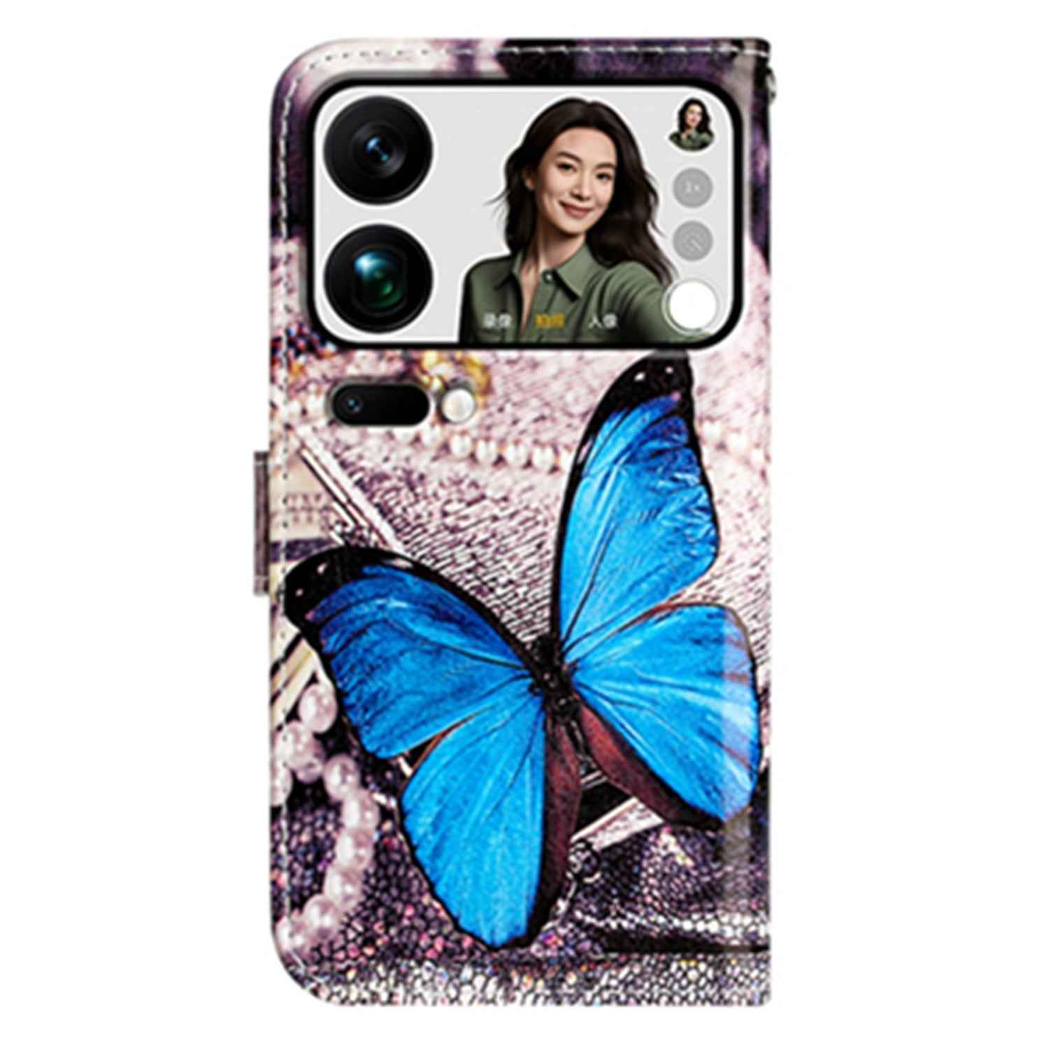 For Xiaomi 17 Pro Wallet Case  Printed Pattern PU Leather Stand Phone Cover with Strap - Blue Butterfly