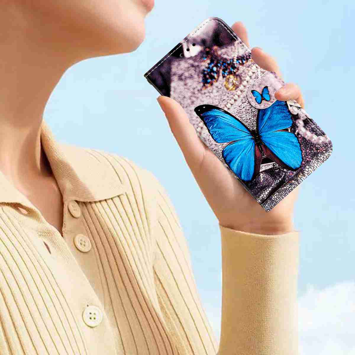 For Xiaomi 17 Pro Wallet Case  Printed Pattern PU Leather Stand Phone Cover with Strap - Blue Butterfly