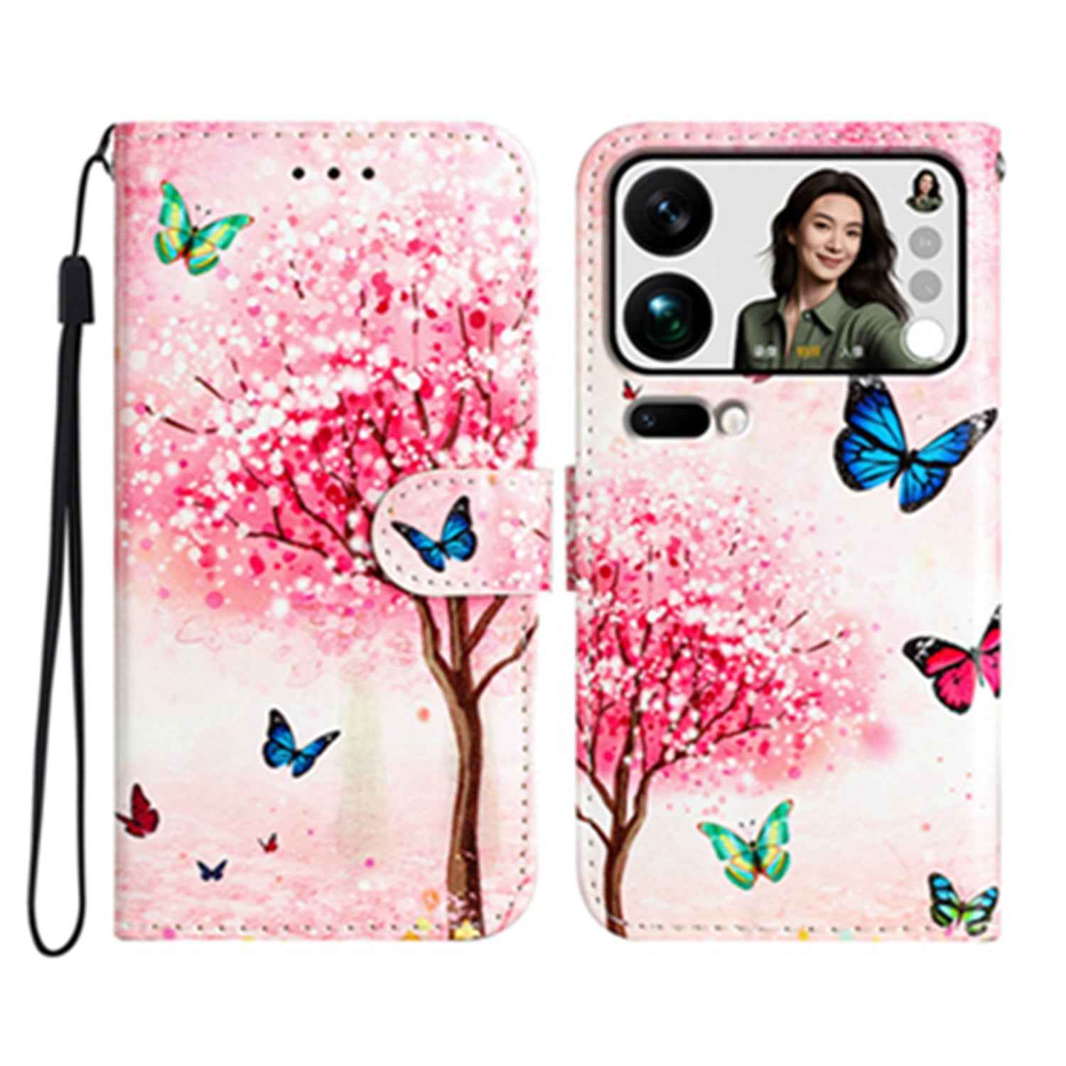 For Xiaomi 17 Pro Wallet Case  Printed Pattern PU Leather Stand Phone Cover with Strap - Cherry Tree