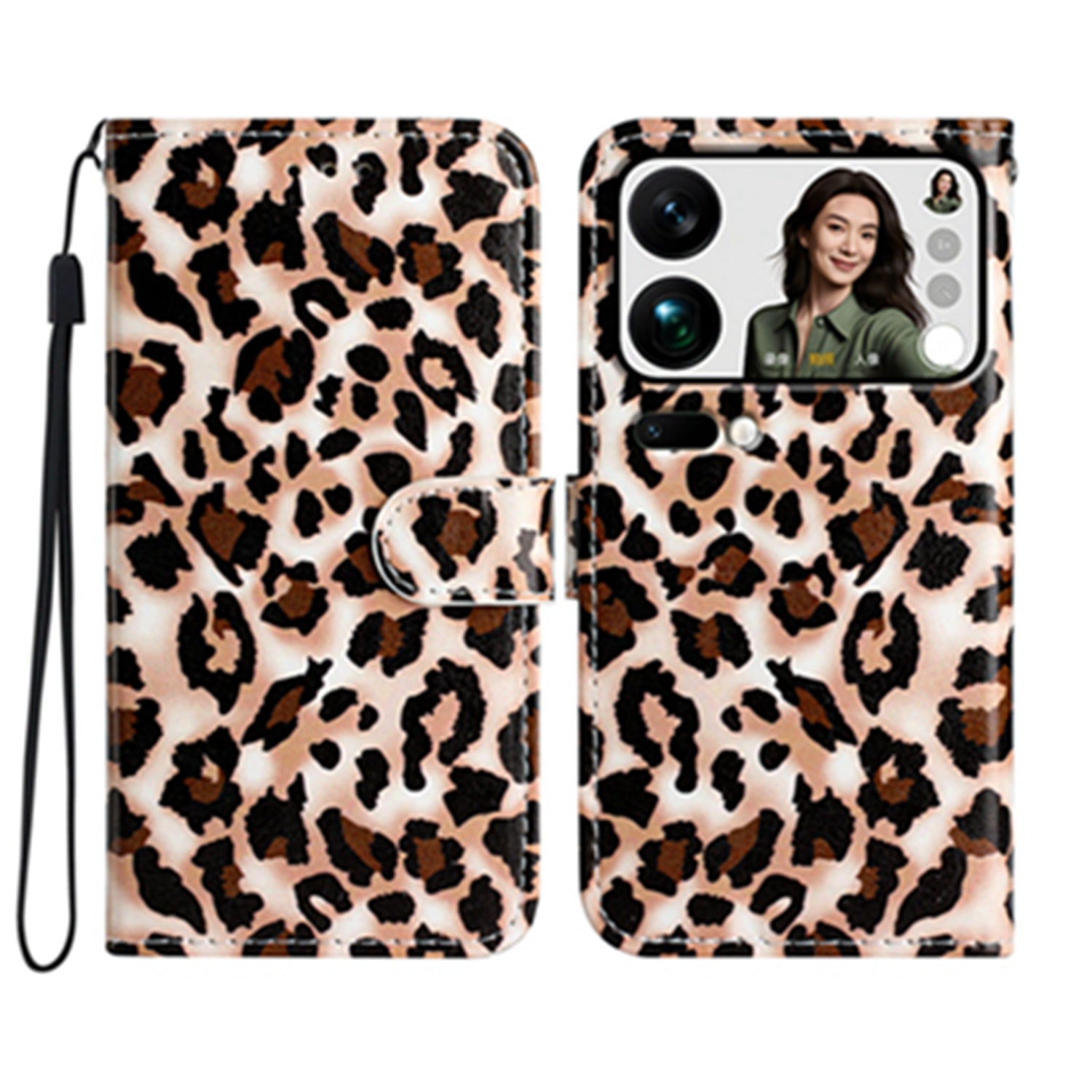 For Xiaomi 17 Pro Max Wallet Case  Printed Pattern PU Leather Stand Phone Cover with Strap - Leopard Print
