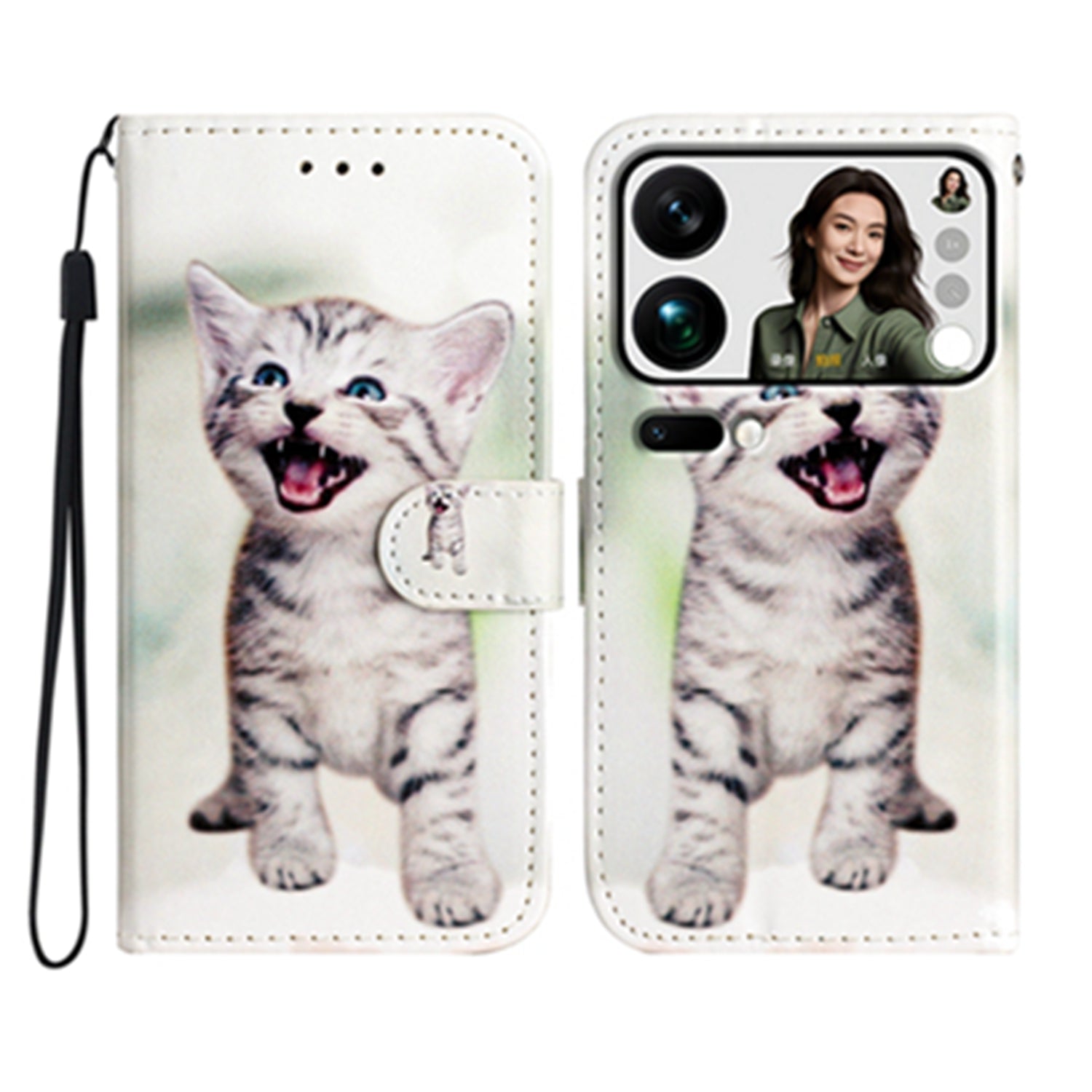 For Xiaomi 17 Pro Max Wallet Case  Printed Pattern PU Leather Stand Phone Cover with Strap - Cat