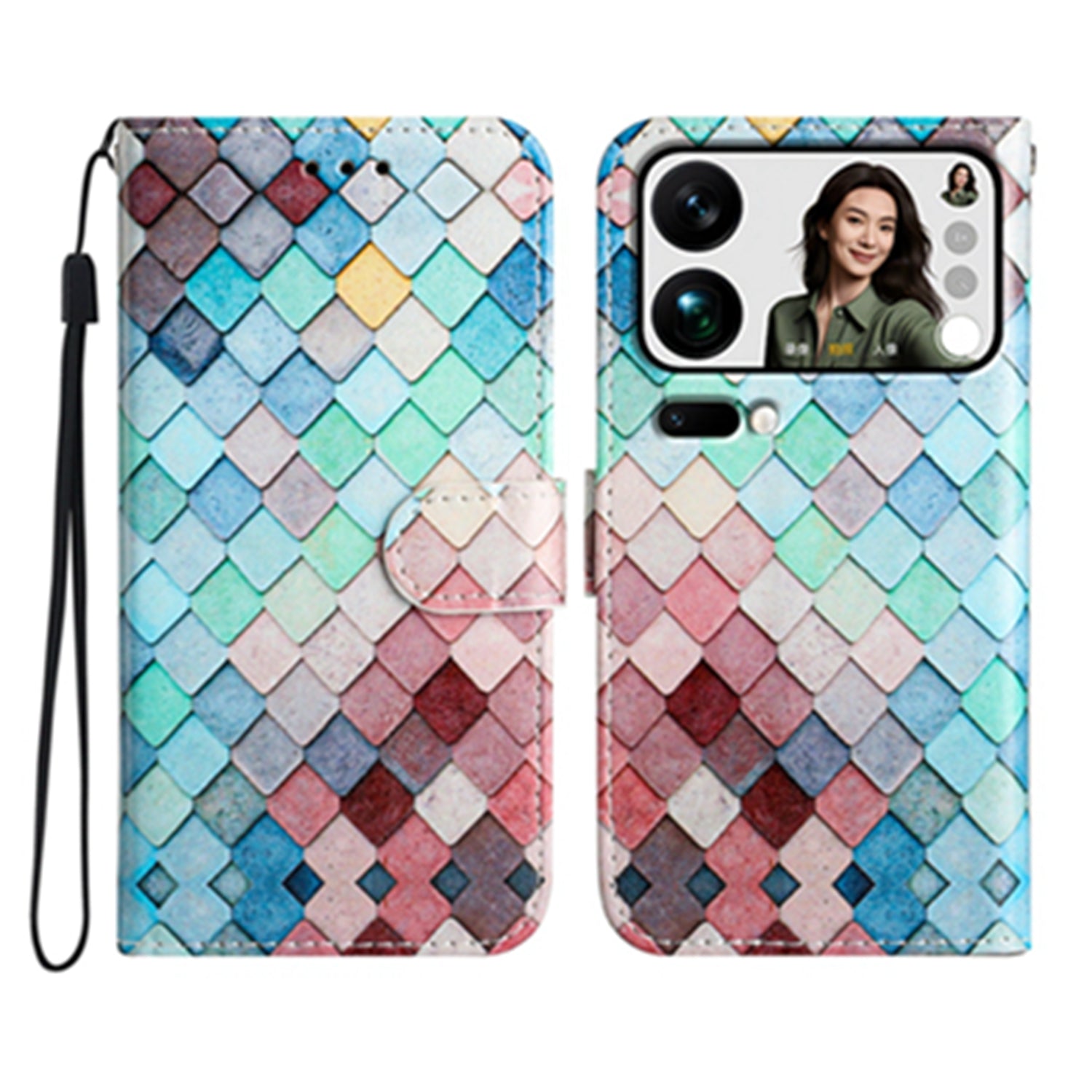 For Xiaomi 17 Pro Max Wallet Case  Printed Pattern PU Leather Stand Phone Cover with Strap - Grid