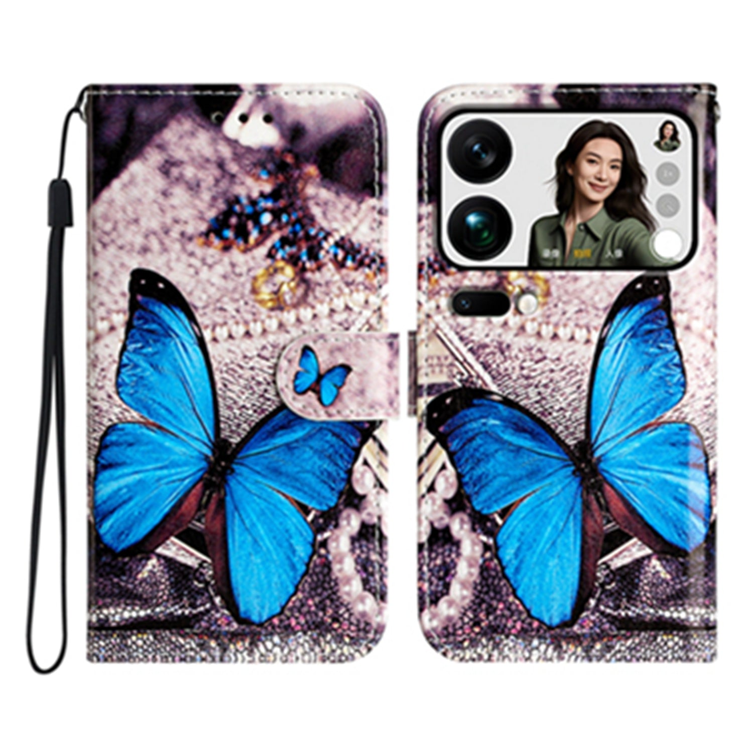 For Xiaomi 17 Pro Max Wallet Case  Printed Pattern PU Leather Stand Phone Cover with Strap - Blue Butterfly