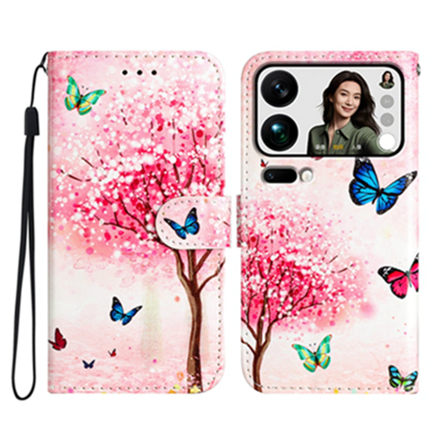 For Xiaomi 17 Pro Max Wallet Case  Printed Pattern PU Leather Stand Phone Cover with Strap - Cherry Tree