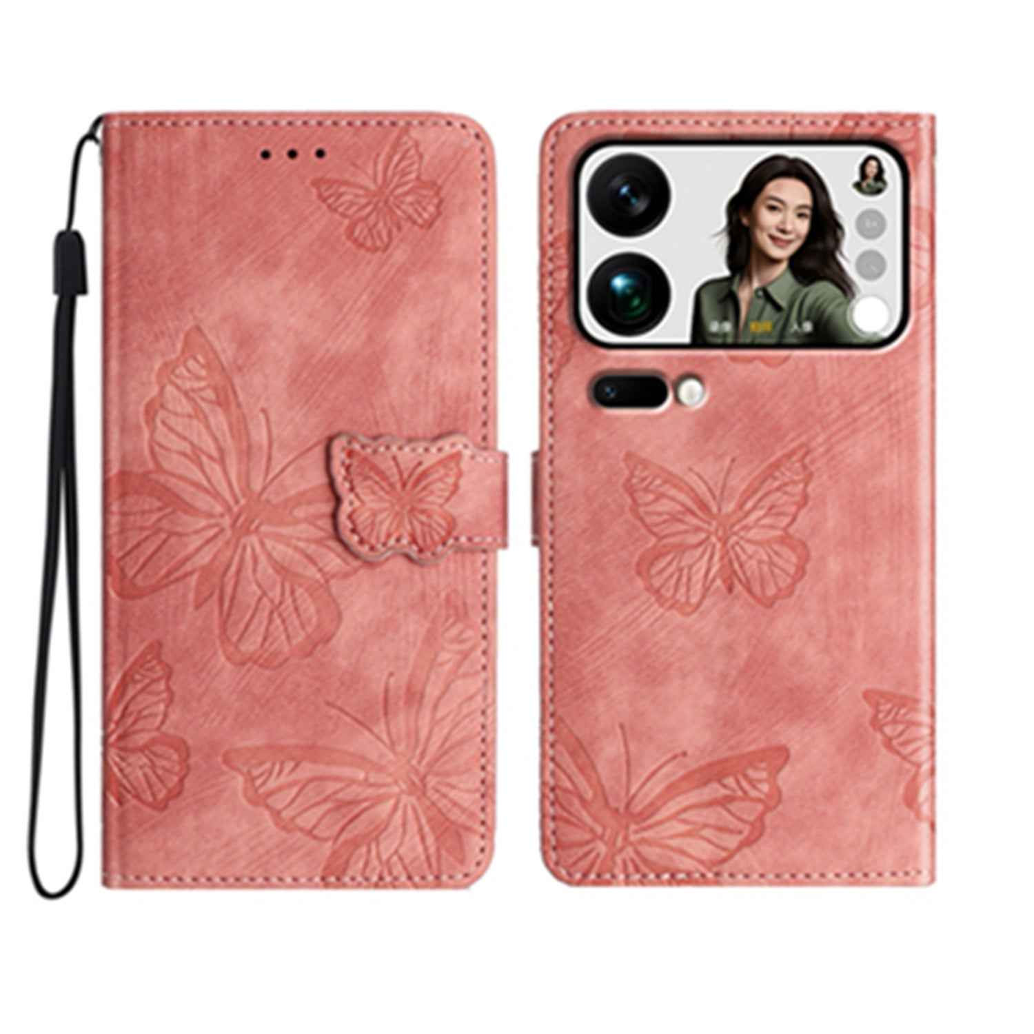 For Xiaomi 17 Pro Case Butterfly Design Flip Wallet Leather Phone Cover Skin-Touch - Pink