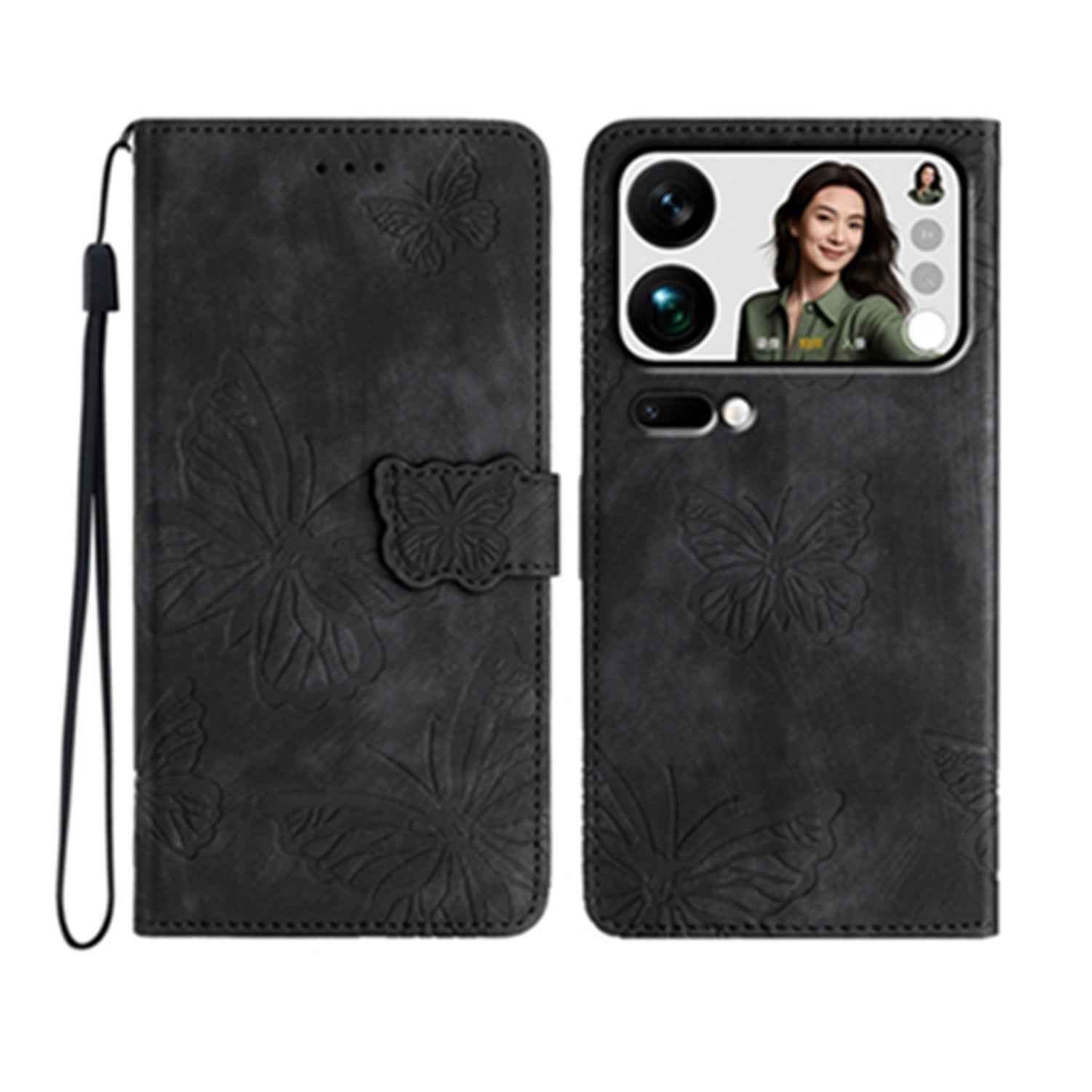 For Xiaomi 17 Pro Case Butterfly Design Flip Wallet Leather Phone Cover Skin-Touch - Black