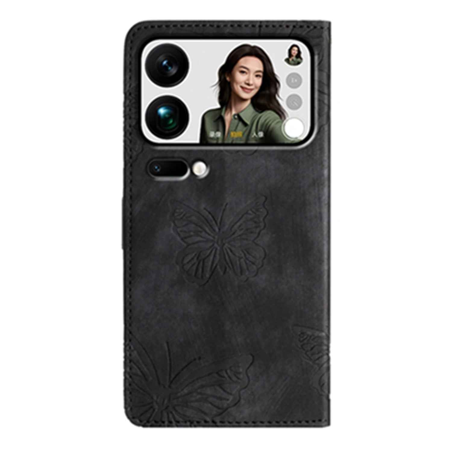 For Xiaomi 17 Pro Case Butterfly Design Flip Wallet Leather Phone Cover Skin-Touch - Black
