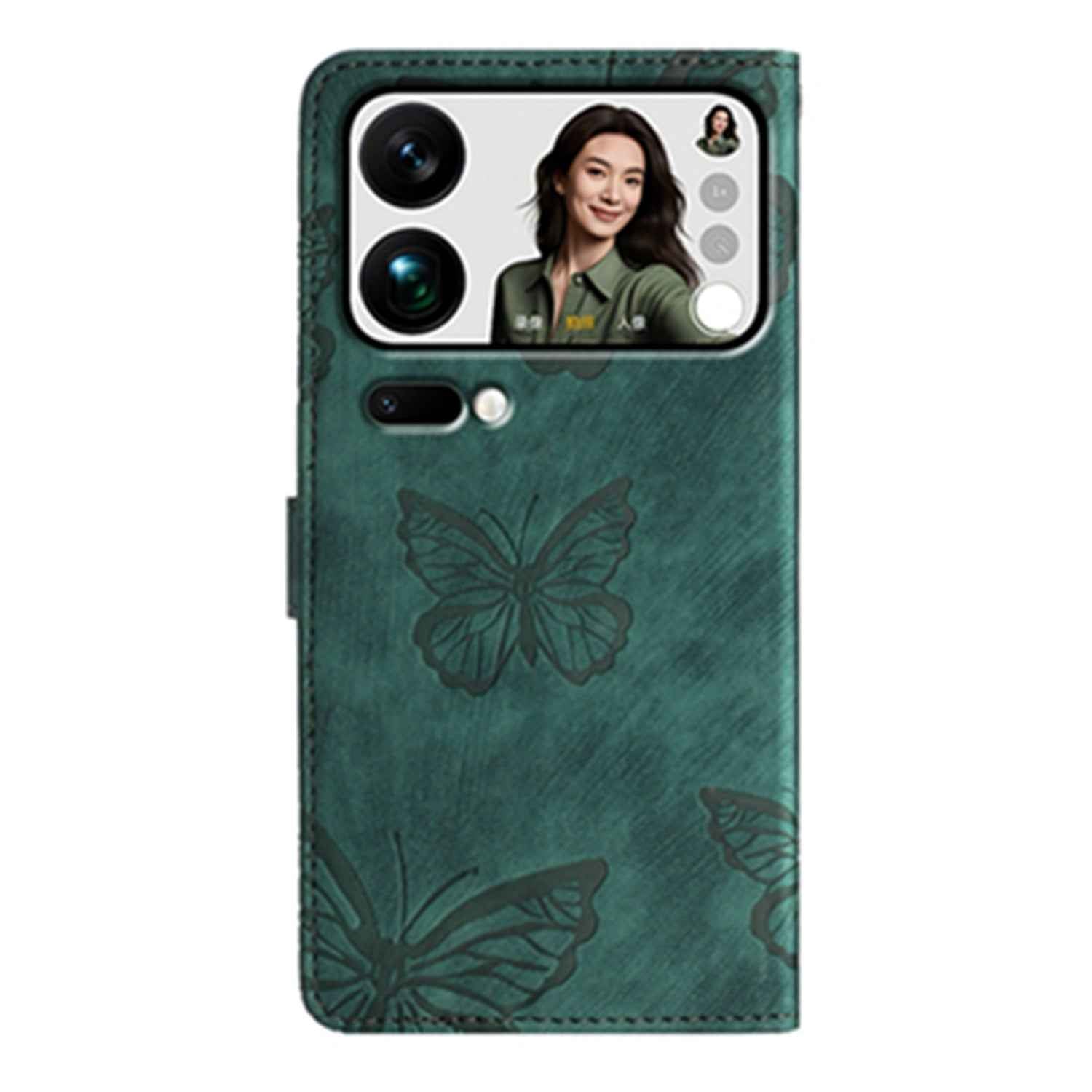 For Xiaomi 17 Pro Case Butterfly Design Flip Wallet Leather Phone Cover Skin-Touch - Green