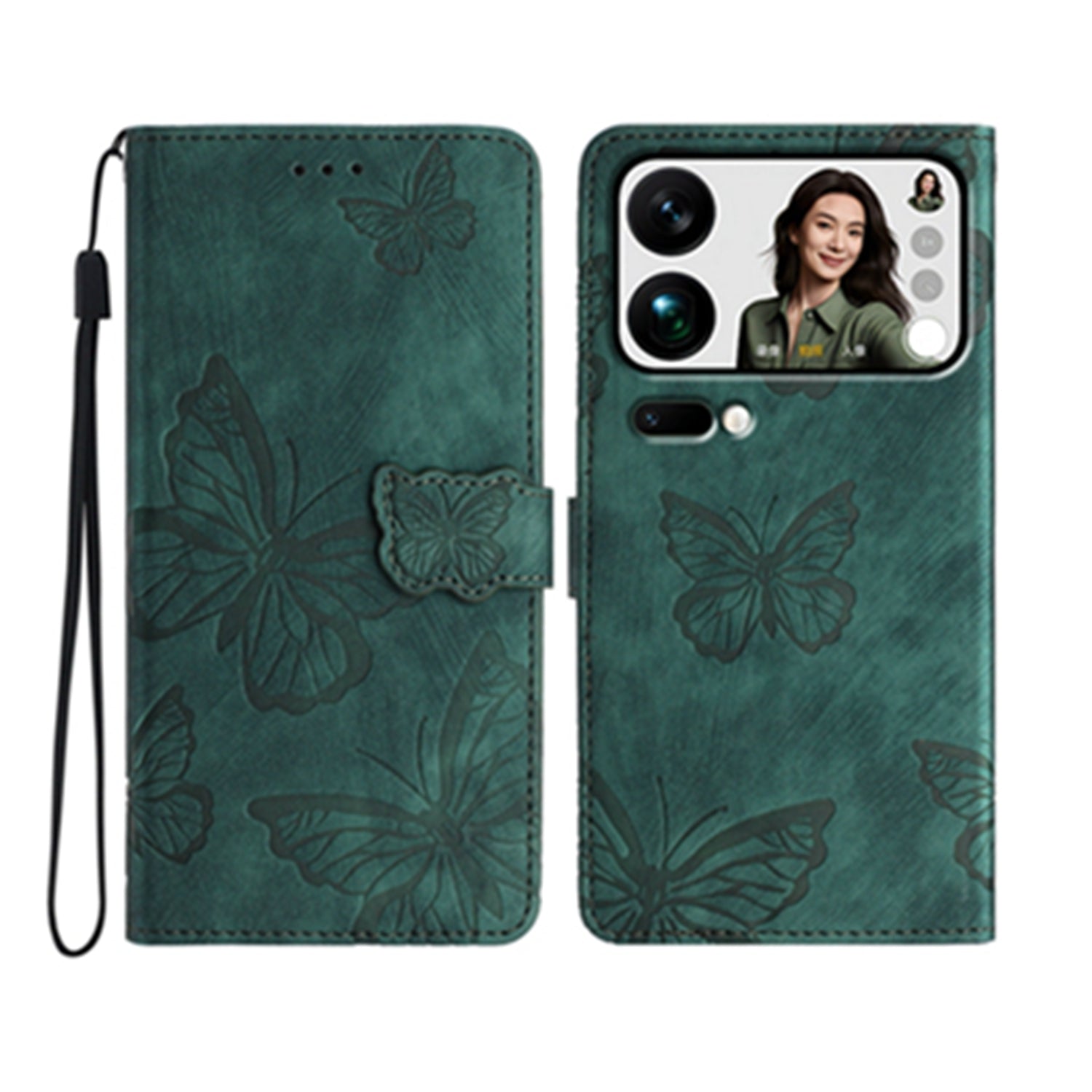 For Xiaomi 17 Pro Max Case Butterfly Design Flip Wallet Leather Phone Cover Skin-Touch - Green