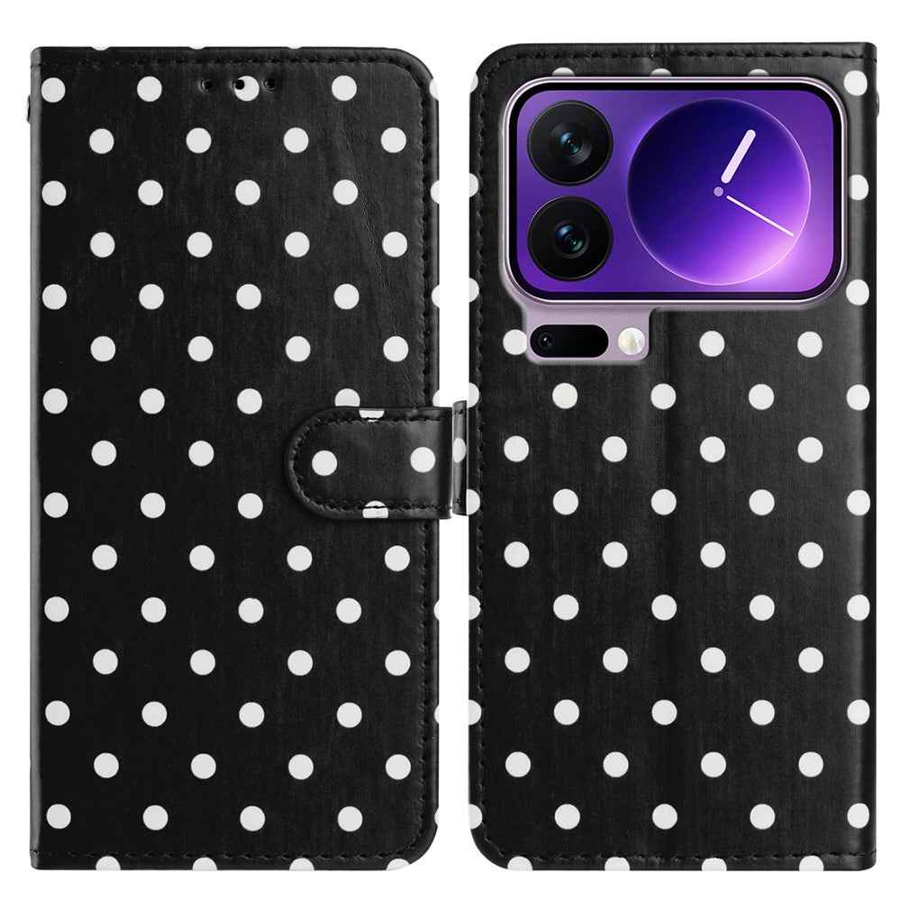 For Xiaomi 17 Pro Leather Case Polka Dot Pattern Wallet Stand Folio Phone Cover - Black