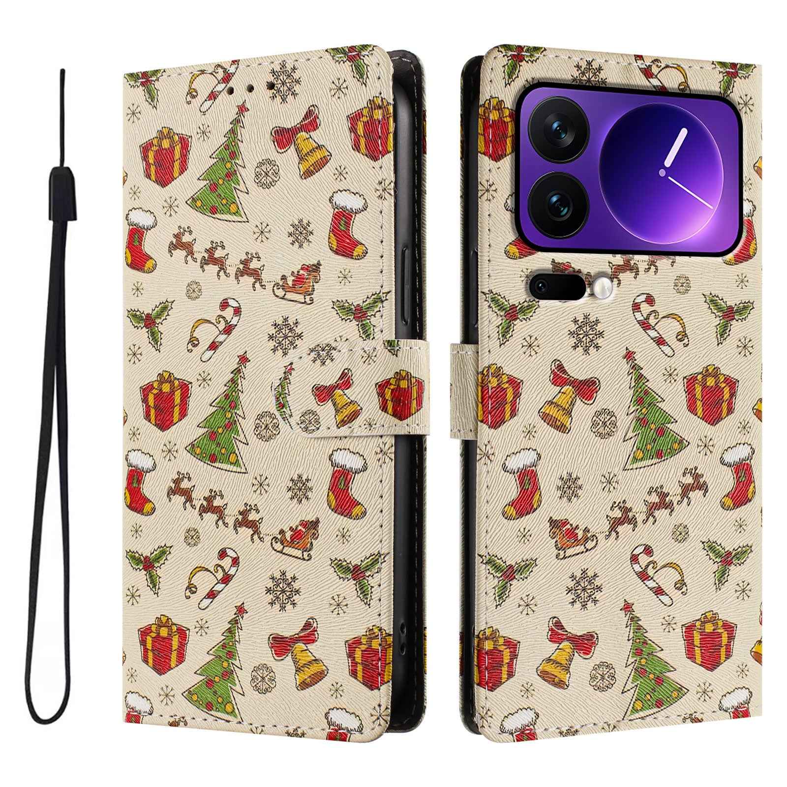 For Xiaomi 17 Pro Case Christmas Themed Pattern Printing PU Leather Wallet Phone Cover with Wrist Strap - Christmas Gifts
