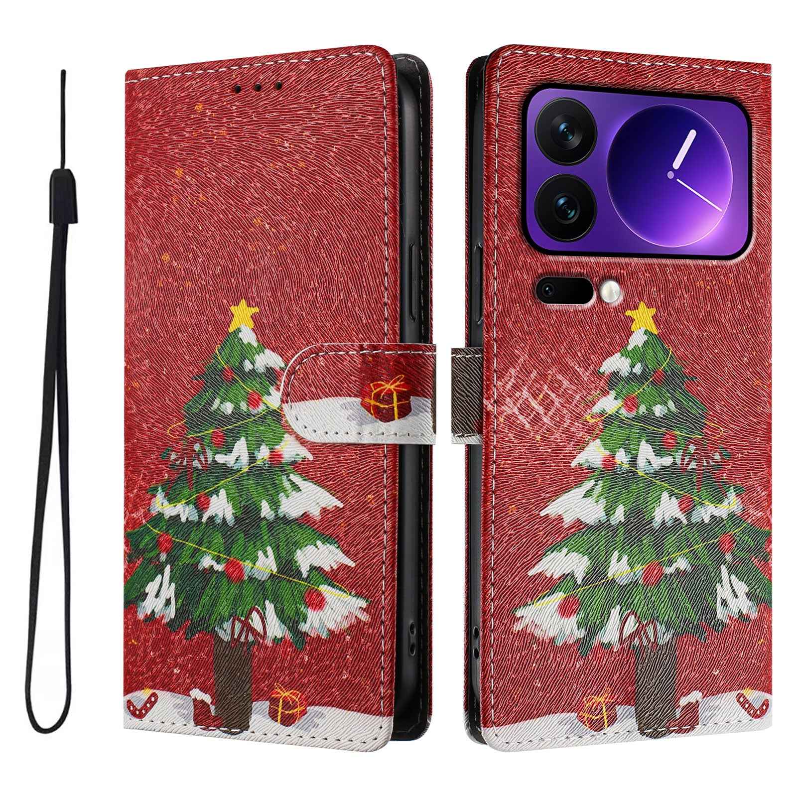 For Xiaomi 17 Pro Case Christmas Themed Pattern Printing PU Leather Wallet Phone Cover with Wrist Strap - Christmas Tree