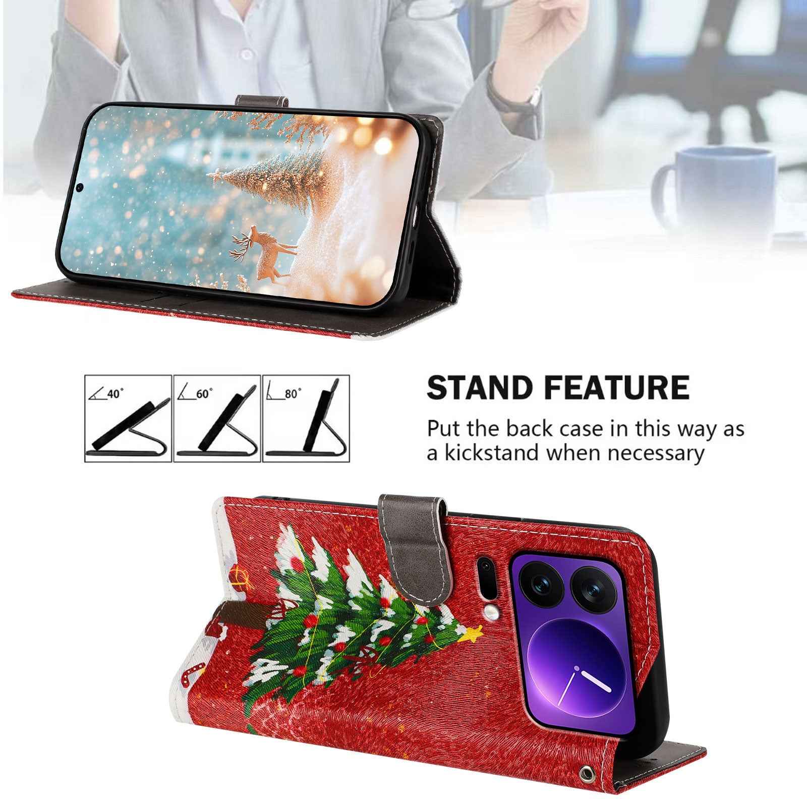 For Xiaomi 17 Pro Case Christmas Themed Pattern Printing PU Leather Wallet Phone Cover with Wrist Strap - Christmas Tree