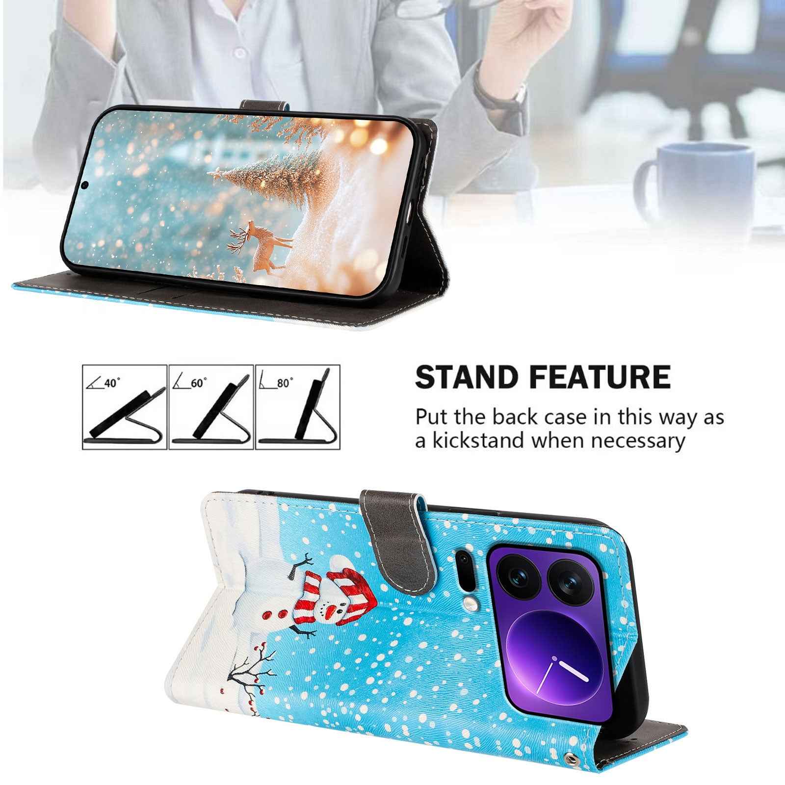 For Xiaomi 17 Pro Case Christmas Themed Pattern Printing PU Leather Wallet Phone Cover with Wrist Strap - Christmas Snowman