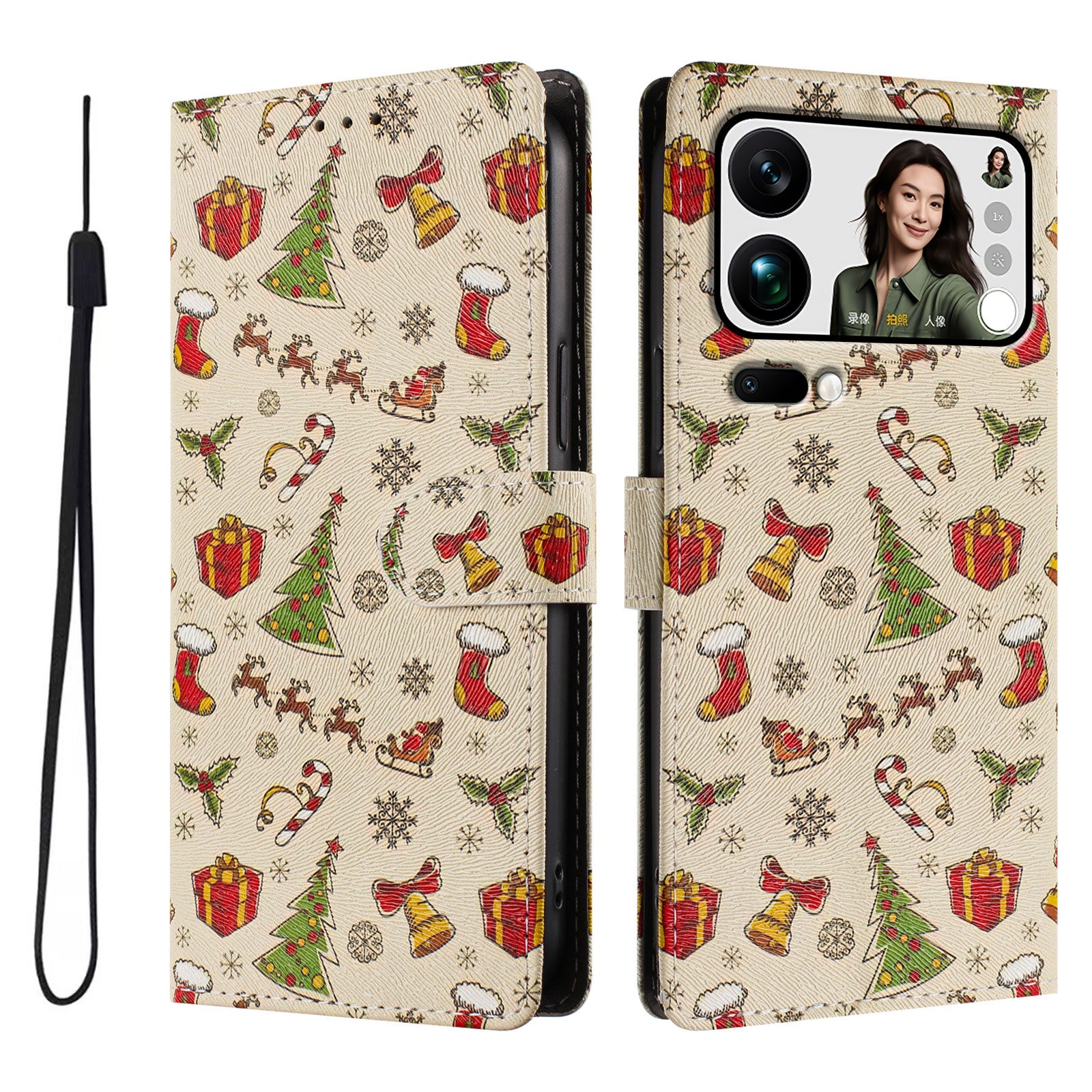 For Xiaomi 17 Pro Max Case Christmas Themed Pattern Printing PU Leather Wallet Phone Cover with Wrist Strap - Christmas Gifts