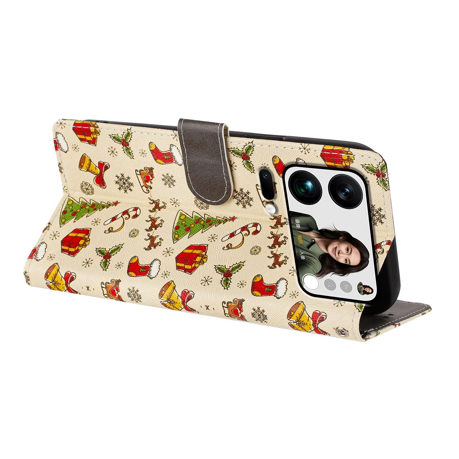 For Xiaomi 17 Pro Max Case Christmas Themed Pattern Printing PU Leather Wallet Phone Cover with Wrist Strap - Christmas Gifts