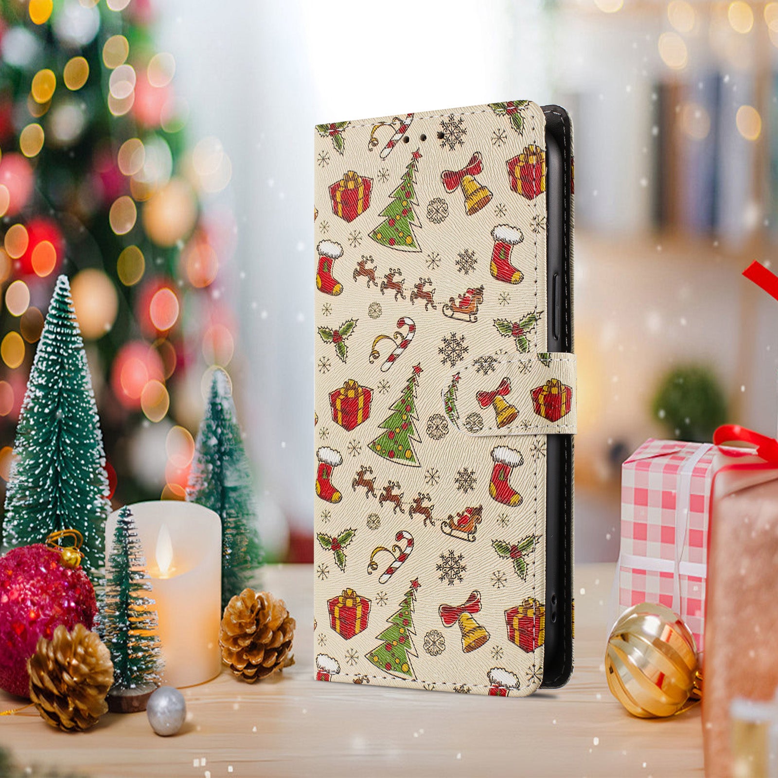 For Xiaomi 17 Pro Max Case Christmas Themed Pattern Printing PU Leather Wallet Phone Cover with Wrist Strap - Christmas Gifts