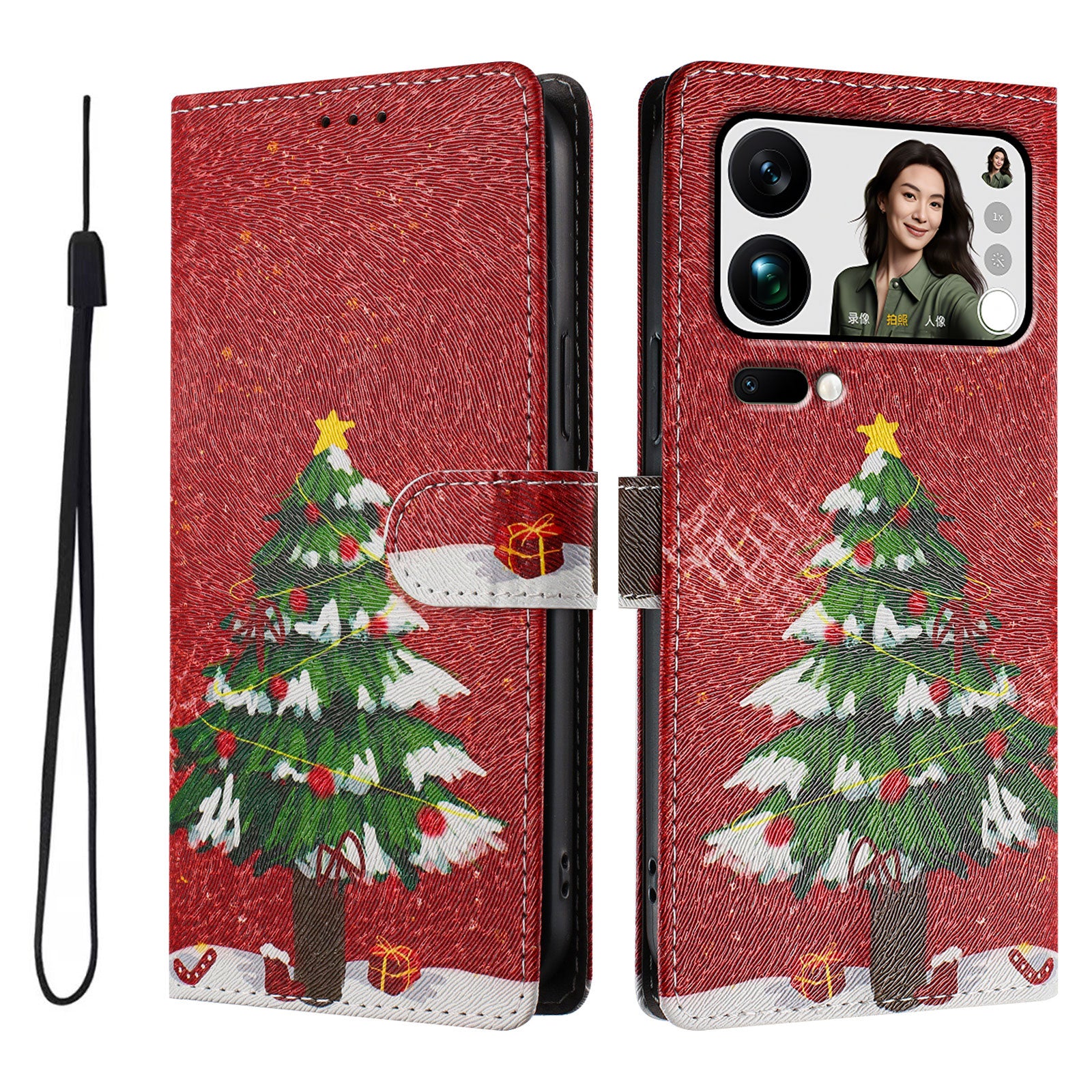 For Xiaomi 17 Pro Max Case Christmas Themed Pattern Printing PU Leather Wallet Phone Cover with Wrist Strap - Christmas Tree