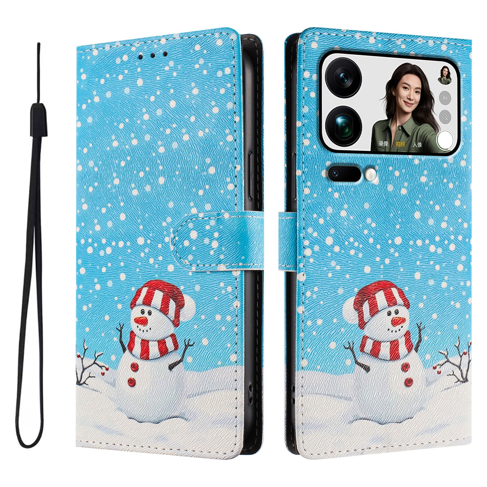 For Xiaomi 17 Pro Max Case Christmas Themed Pattern Printing PU Leather Wallet Phone Cover with Wrist Strap - Christmas Snowman