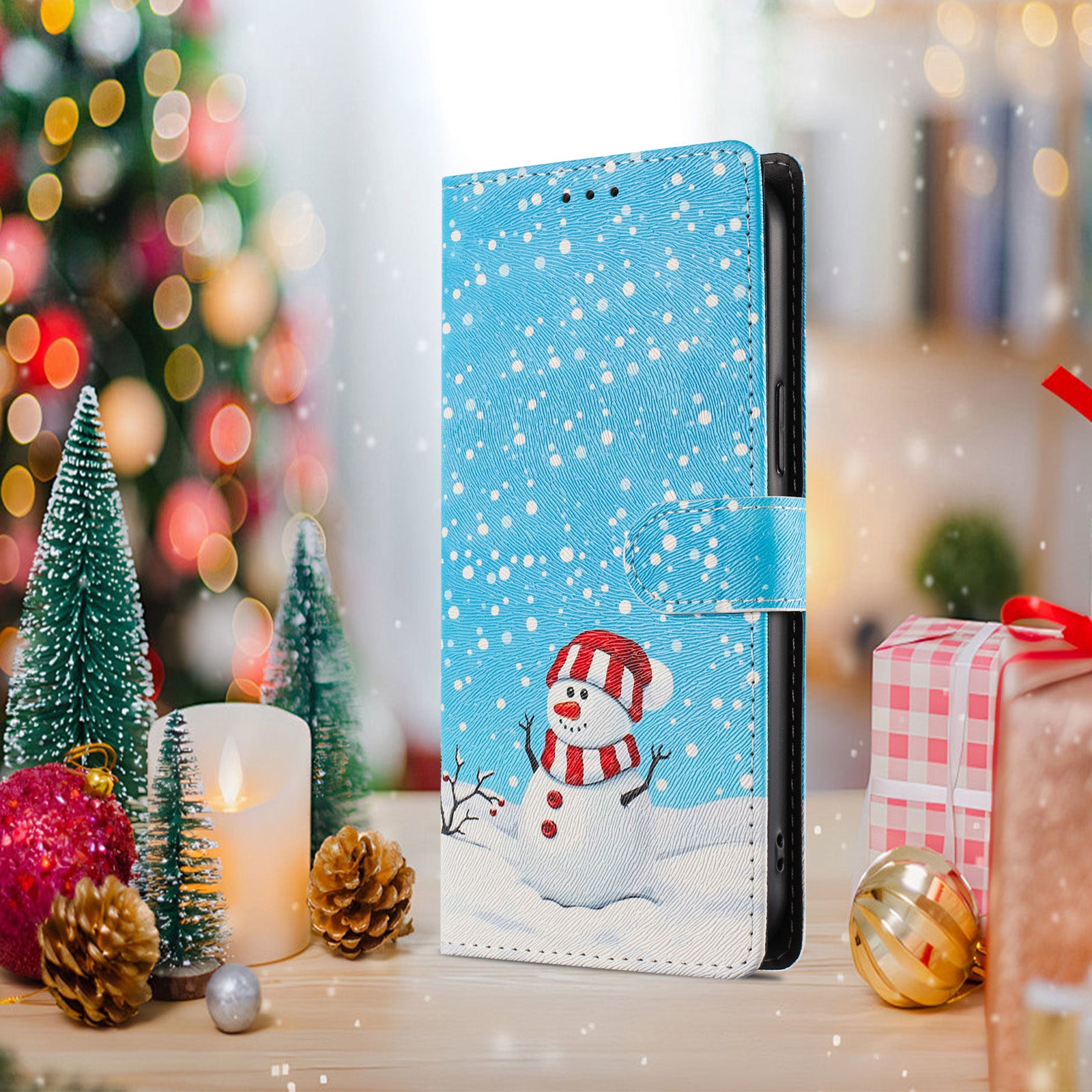 For Xiaomi 17 Pro Max Case Christmas Themed Pattern Printing PU Leather Wallet Phone Cover with Wrist Strap - Christmas Snowman
